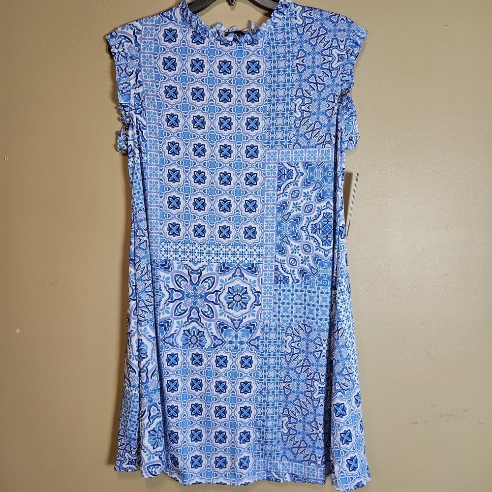 Nicole Miller New York‎ 1X Blue Tile Print Dress Ruffle NWT